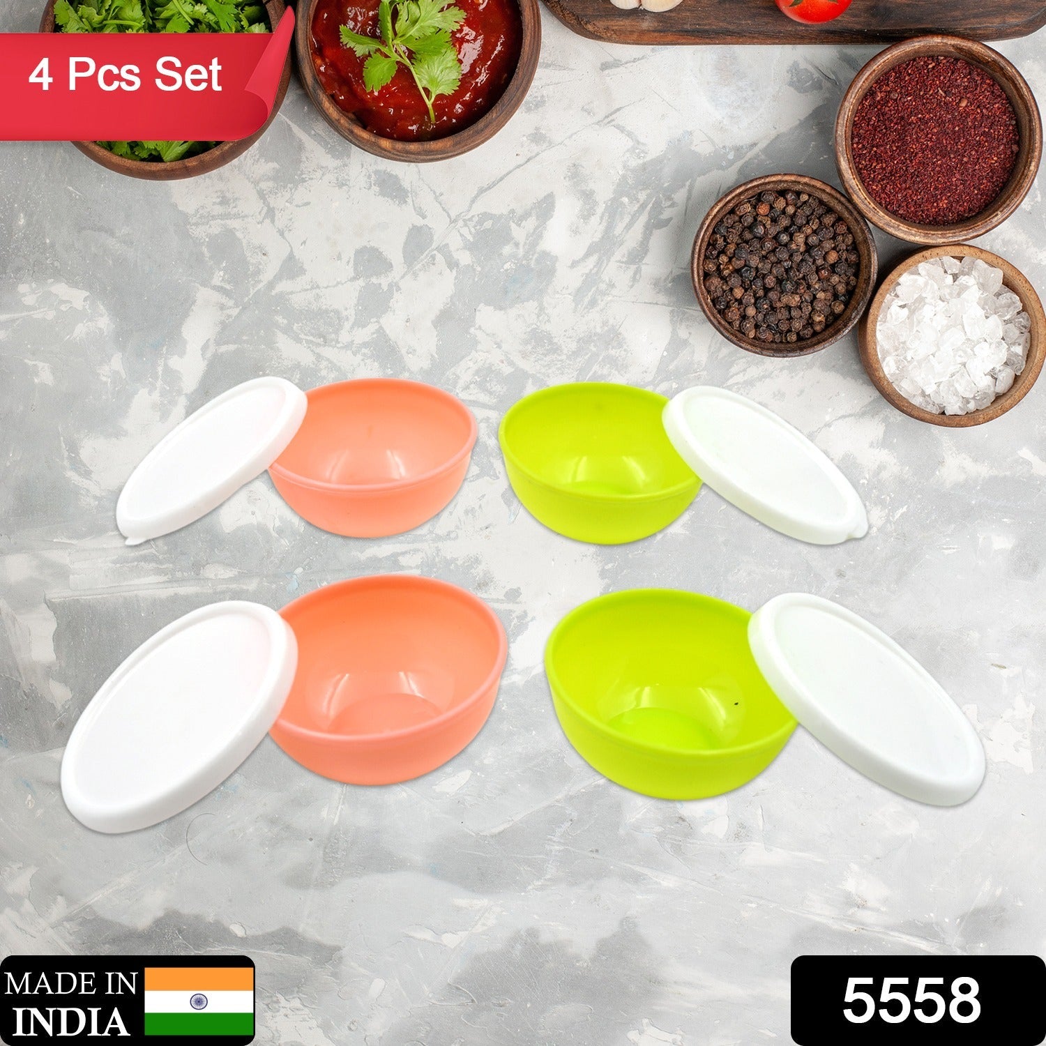 5558 Multipurpose Small Round Plastic Bowl / Katori With Lid, Microwave Safe Reusable Lightweight Bowl, Dishwasher Safe Chutney Bowl (4 Pcs Set) 5558 Multipurpose Small Round Plastic Bowl / Katori With Lid, Microwave Safe Reusable Lightweight Bowl, Dishwasher Safe Chutney Bowl (4 Pcs Set)